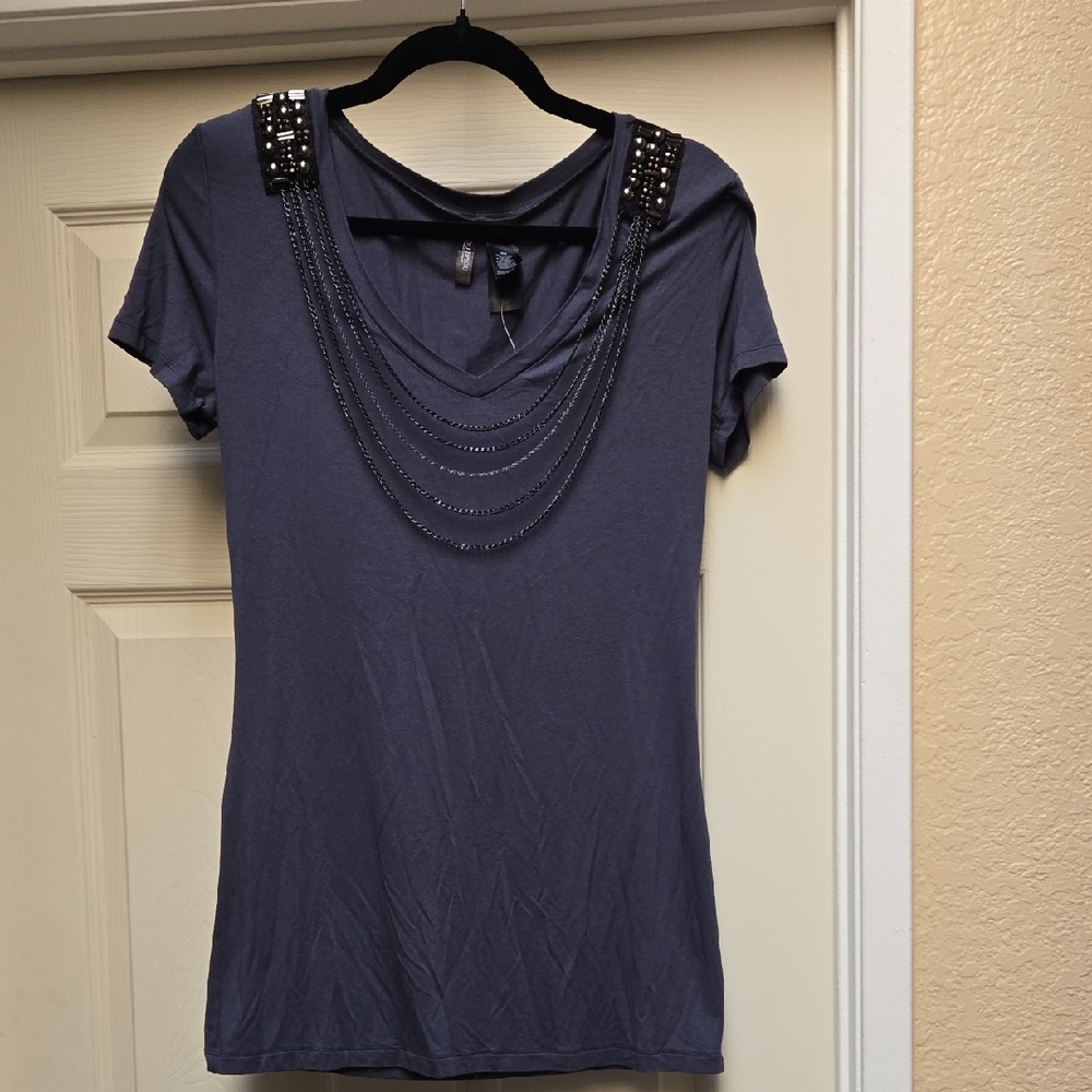 Bisou Bisou Charcoal V-Neck Blouse with Beaded Shoulders